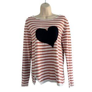 Lisa Todd Womans Sz S Fool For Love Gray Cream Orange Striped Sweater Blue Heart